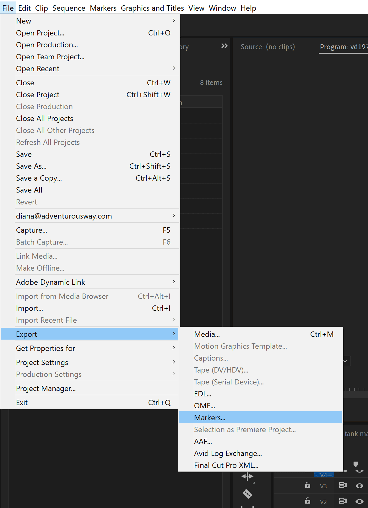 Screenshot of Premiere Pro export menu