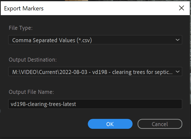Screenshot of Premiere Pro selecting CSV option for export file