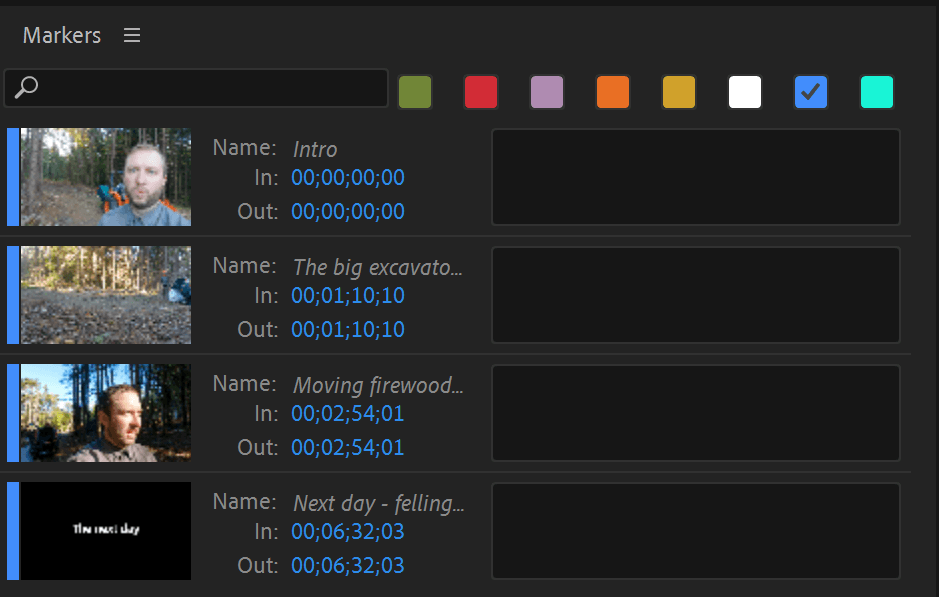 Screenshot of Premiere Pro selecting markers of color blue